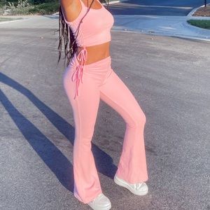 Tiger Mist Women's Pink Side Cut Out w/ Ties Flare Wide Leg Pant Set